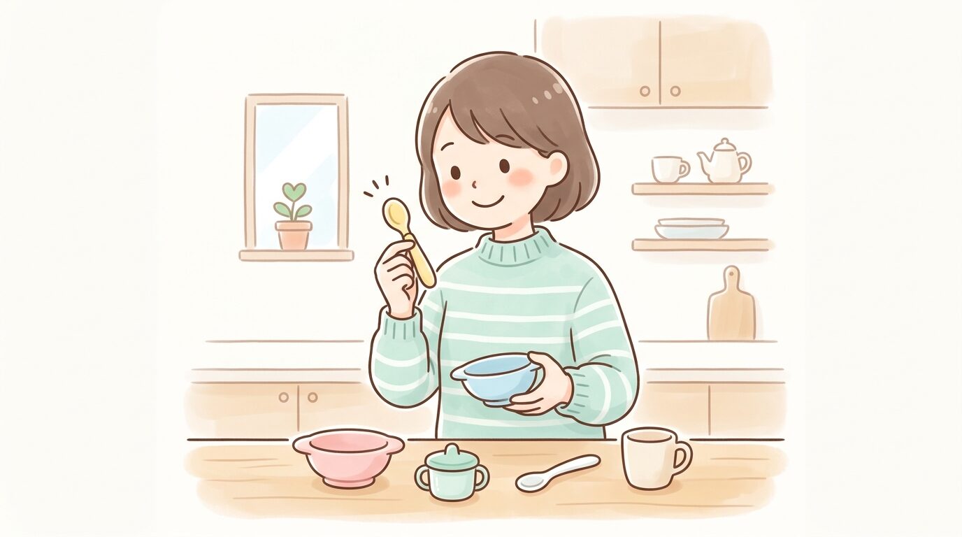 キッチンで離乳食用の食器を1つずつ手に取り傷や汚れをチェックする親の様子