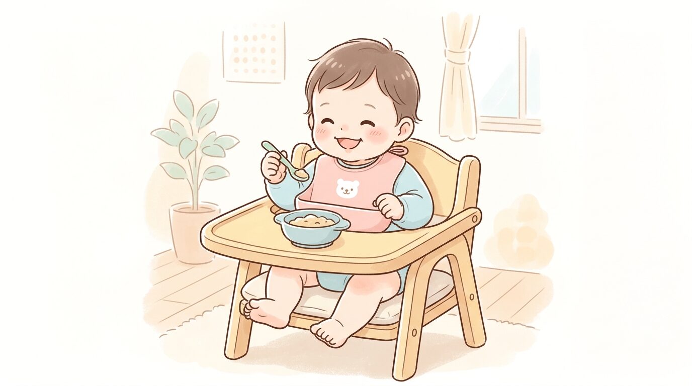 ハイチェアに座り防水エプロンをつけて笑顔で離乳食を食べる生後7か月の赤ちゃん