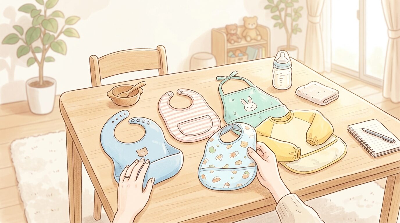 リビングのテーブルで様々な種類のお食事エプロンを比較検討する母親の手元