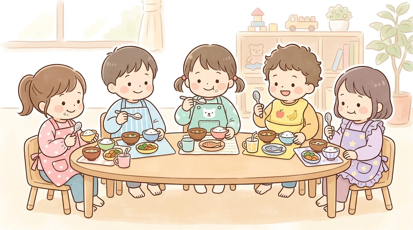 保育園の給食テーブルで複数の子どもたちがそれぞれのお食事エプロンをつけて食事をしている様子