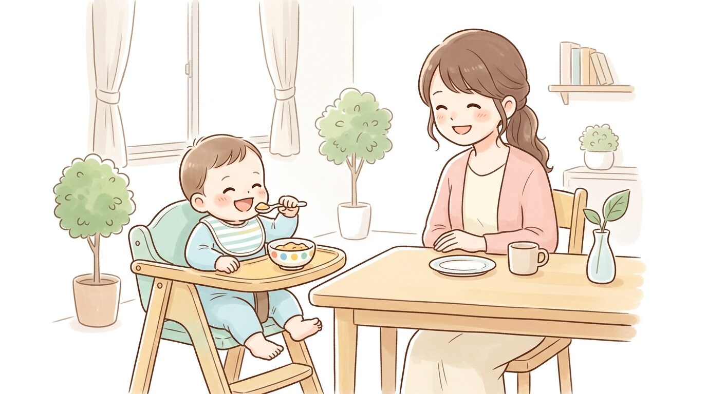 リビングのダイニングテーブルでハイチェアに座り笑顔で離乳食を食べる赤ちゃんと見守る母親