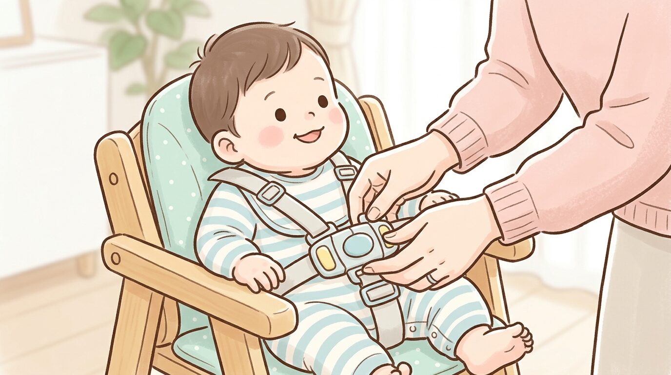 ベビーチェアの5点式ベルトを赤ちゃんに装着する母親の手元アップ