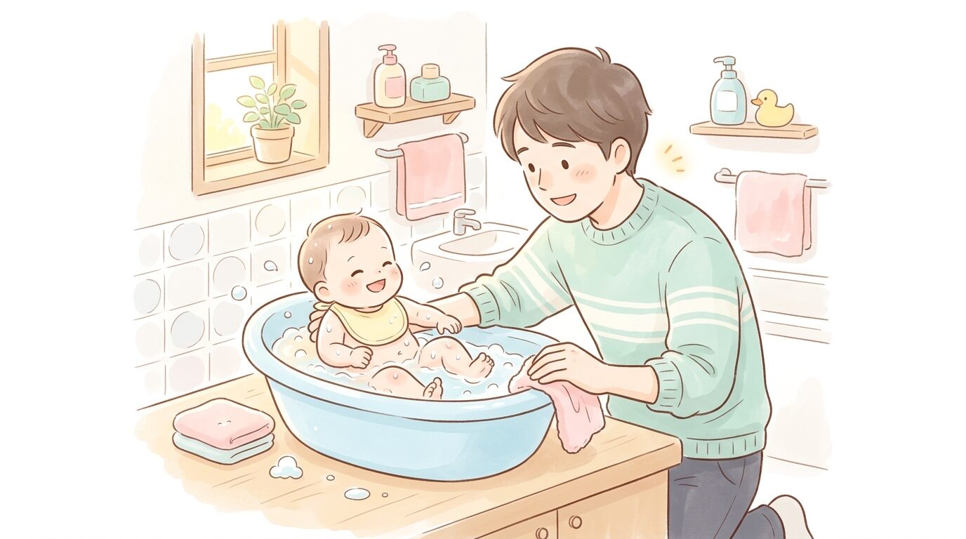 洗面所でリラックスした表情の赤ちゃんを笑顔で見つめる父親、優しい照明の中のバスタイム風景