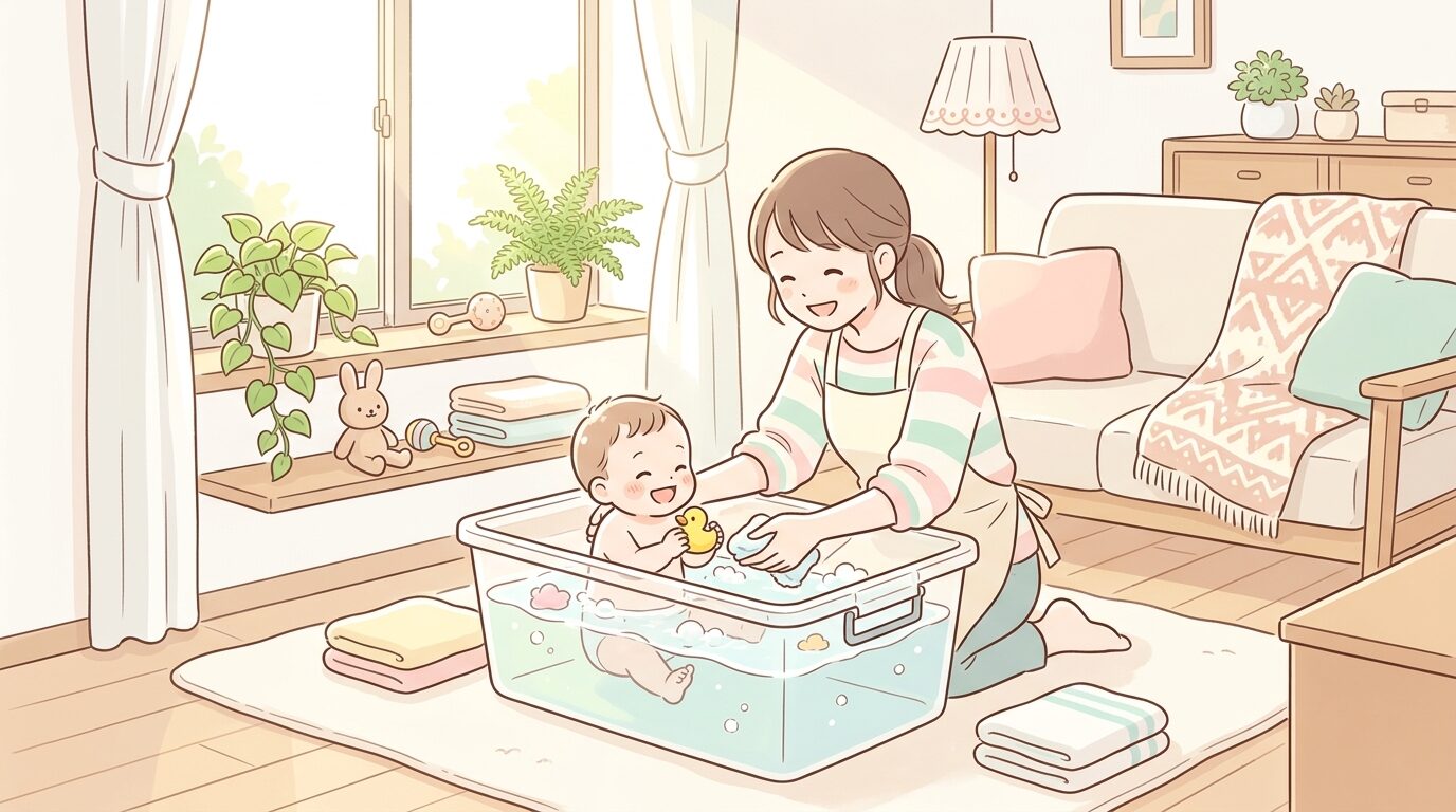 大きめの衣装ケースを使って赤ちゃんを沐浴させている親、明るいリビングの一角に設置されたスペース