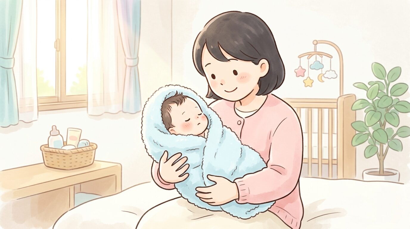 ふわふわのバスタオルに包まれた新生児を優しく抱く母親の手元、柔らかい自然光が差し込む部屋