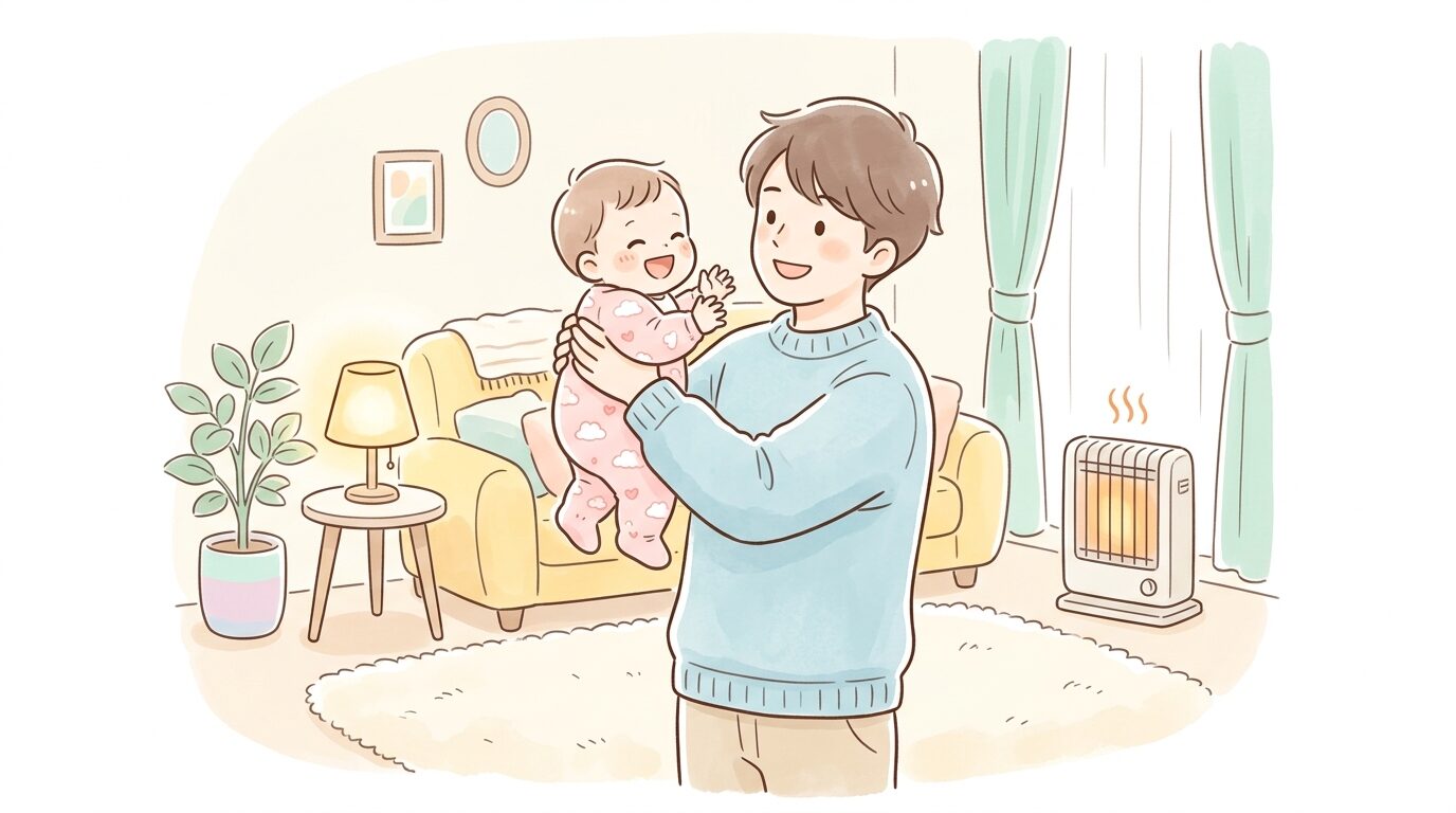 暖房であたたかい部屋で、着替えたばかりの赤ちゃんを笑顔で抱き上げる父親の姿