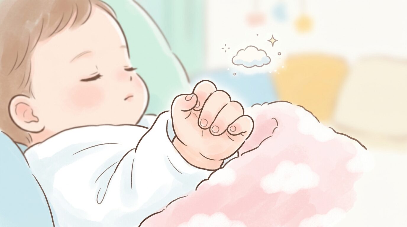 すやすやと眠る新生児の小さな手のアップ、指先の爪が見える柔らかな光の中の写真