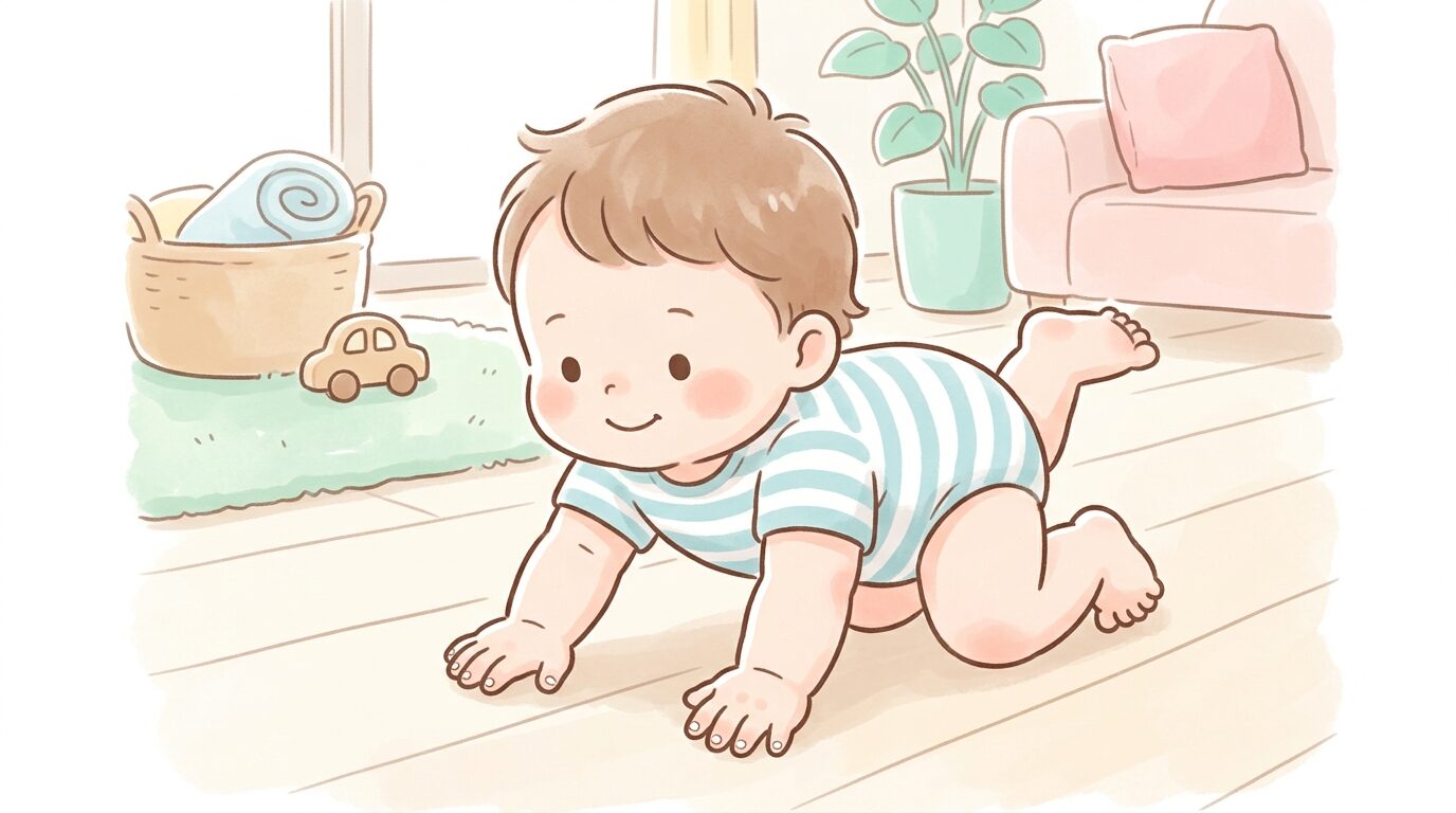 ハイハイをする生後8か月ごろの赤ちゃんの手足のクローズアップ、明るいリビングの床