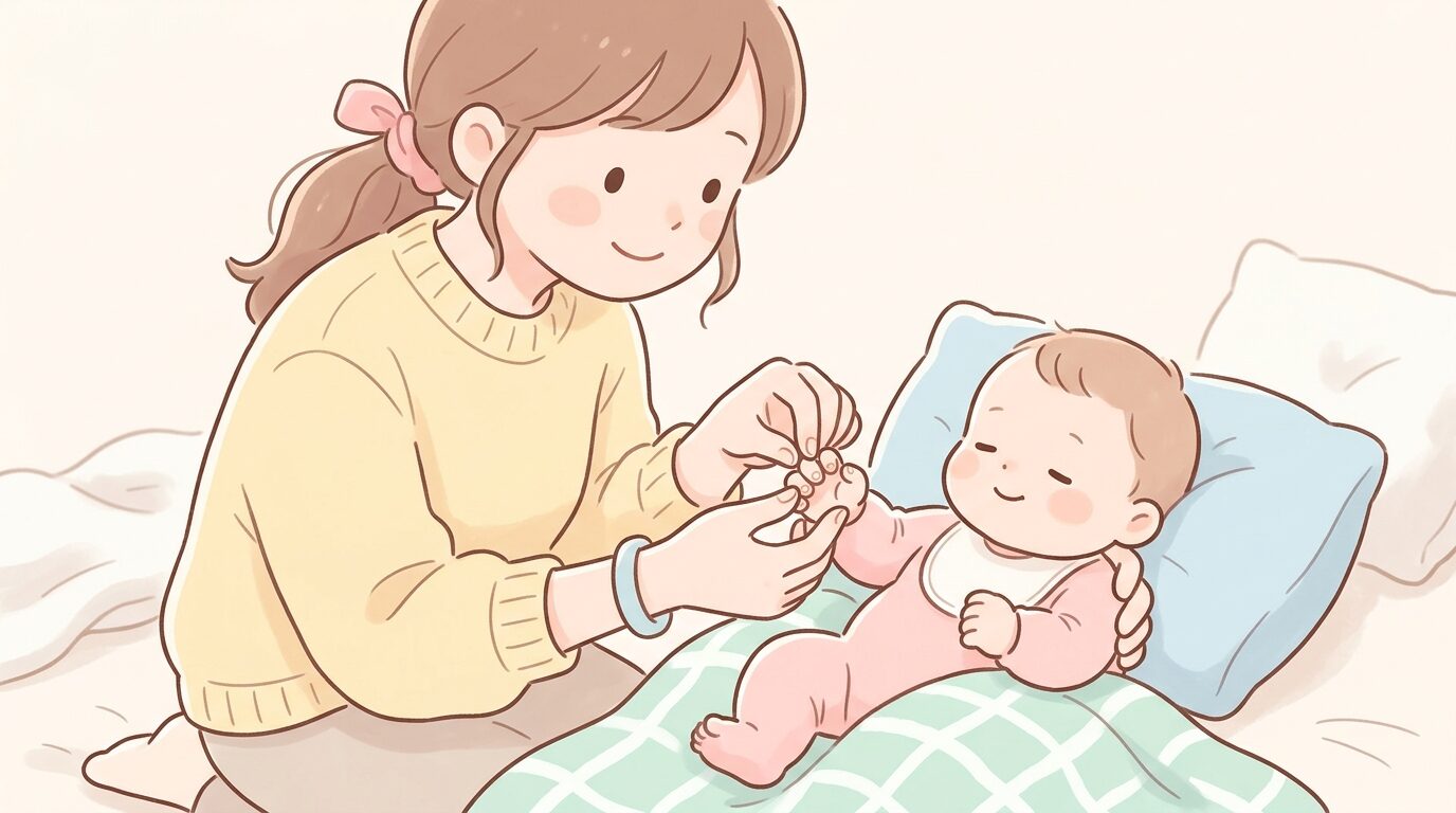 赤ちゃんの手の爪を優しく確認する母親の手元、柔らかい表情で見守る様子