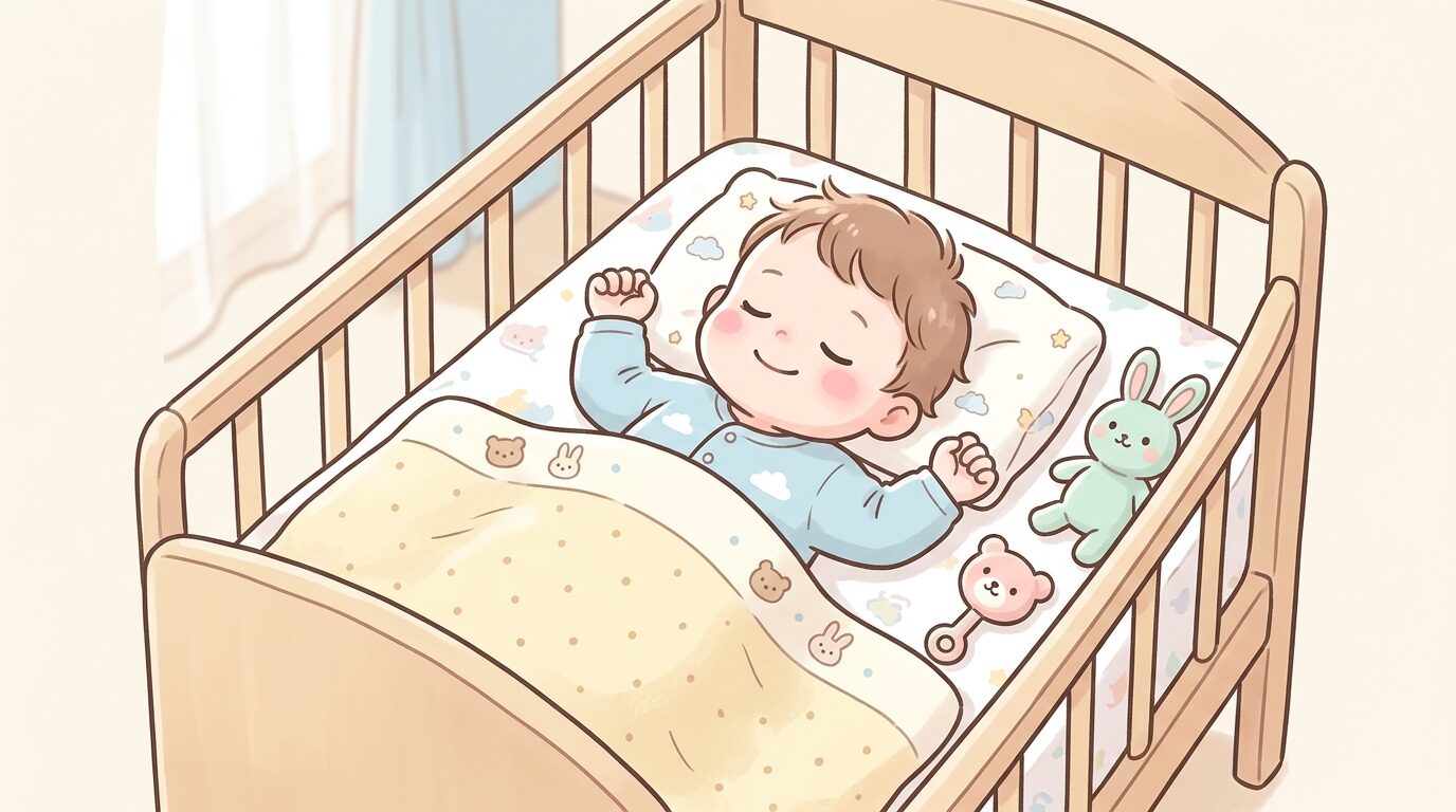 ベビーベッドの中で仰向けにすやすやと眠る生後5ヶ月ほどの赤ちゃんの穏やかな寝顔