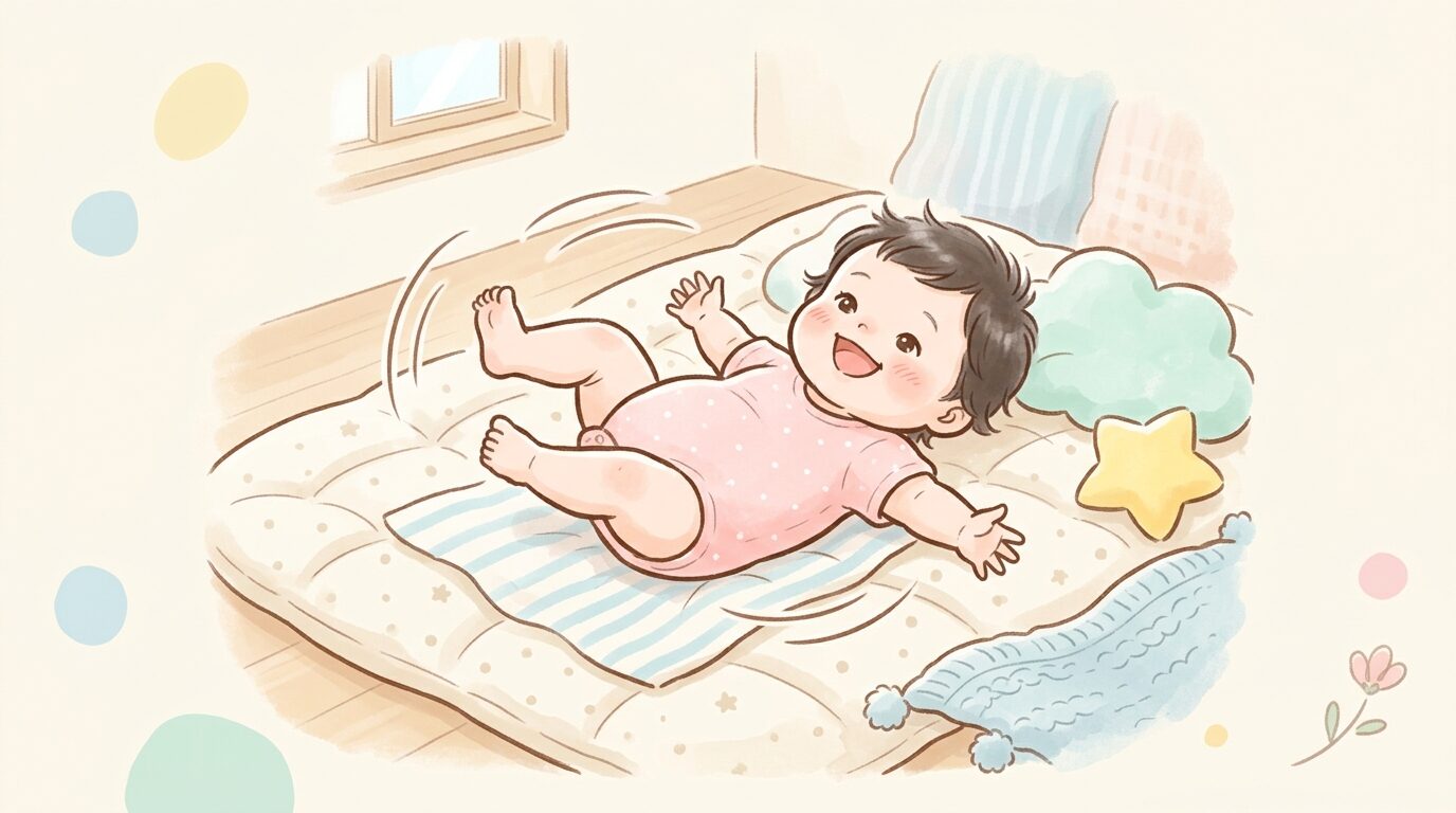 布団の上でうつ伏せから仰向けに元気よく寝返り返りをする生後8ヶ月の赤ちゃん、笑顔いっぱいの表情