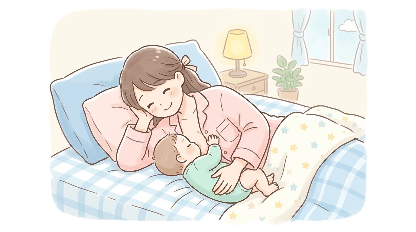 ベッドで横向きになり赤ちゃんに添い乳をする母親の穏やかな表情