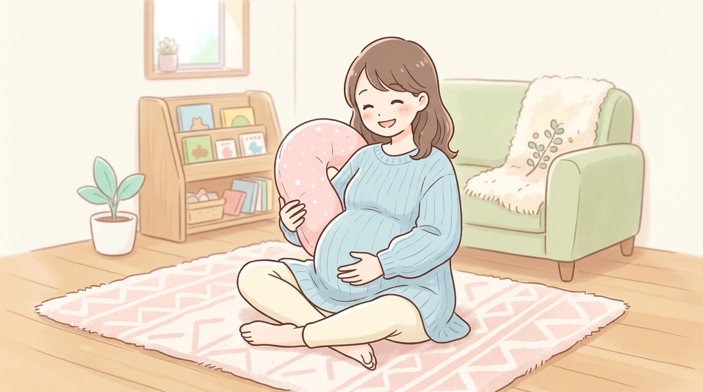 リビングのラグの上で授乳クッションを抱えて微笑む妊娠後期の女性