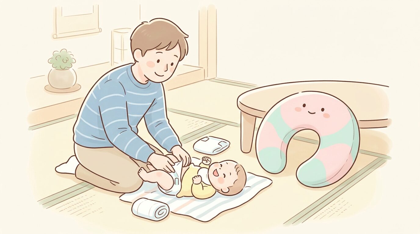 畳の上で赤ちゃんのおむつを替える父親と見守る授乳クッション
