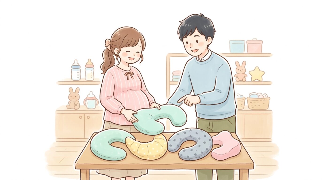 数種類の授乳クッションを見比べながら選ぶ妊婦とパートナー