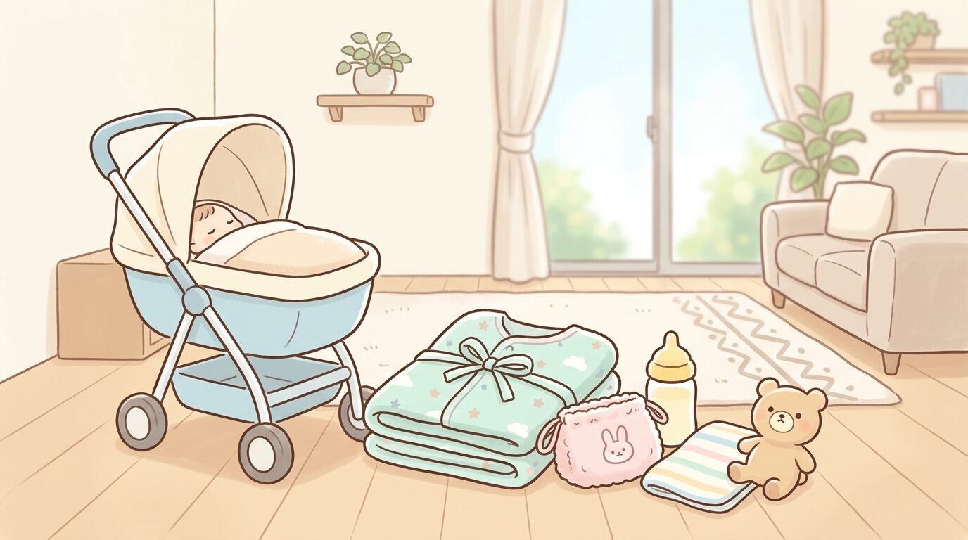 リビングでベビーカーの横に置かれたパステルカラーの授乳ケープと赤ちゃん用品