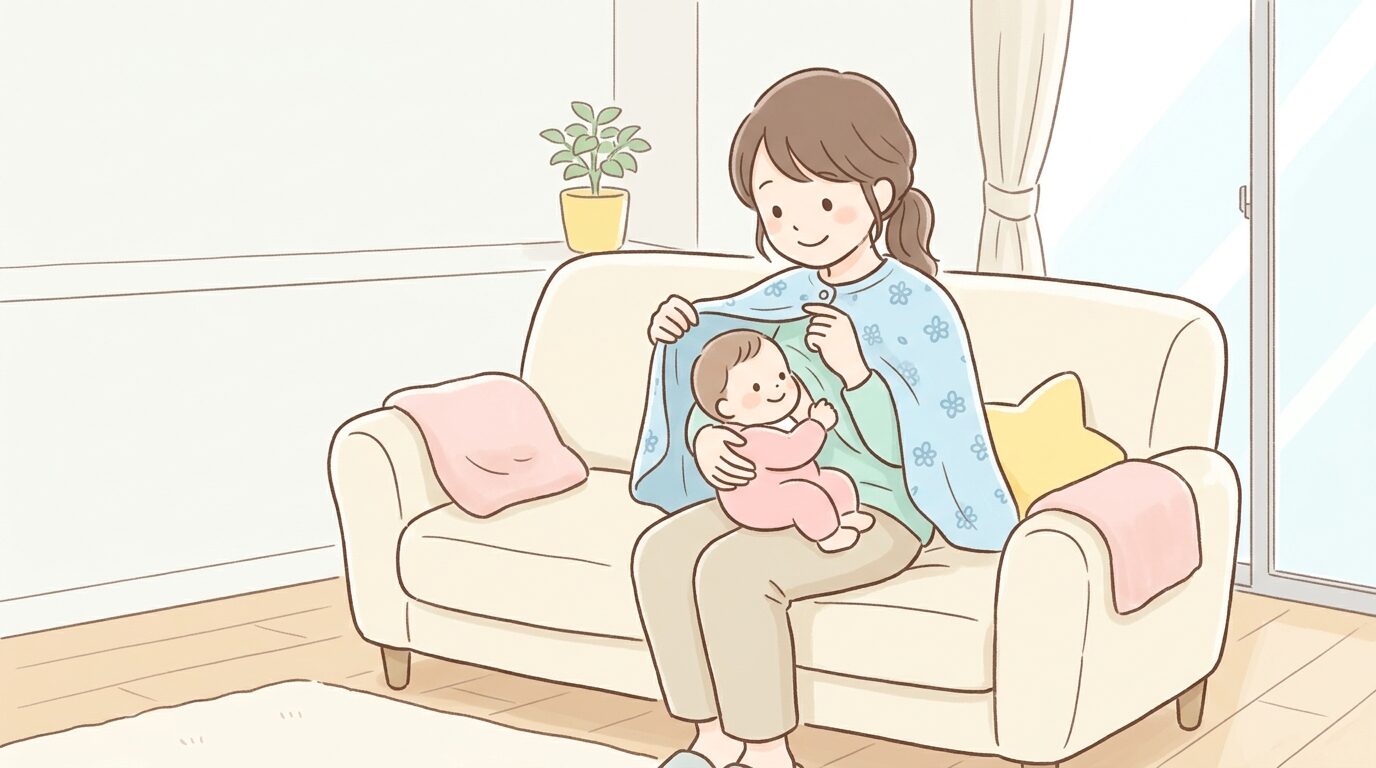 リビングのソファで授乳ケープの装着練習をする母親と赤ちゃんの温かいシーン