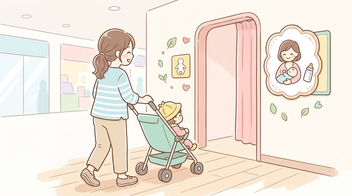 商業施設の授乳室入り口にある案内サインとベビーカーを押す親子の後ろ姿