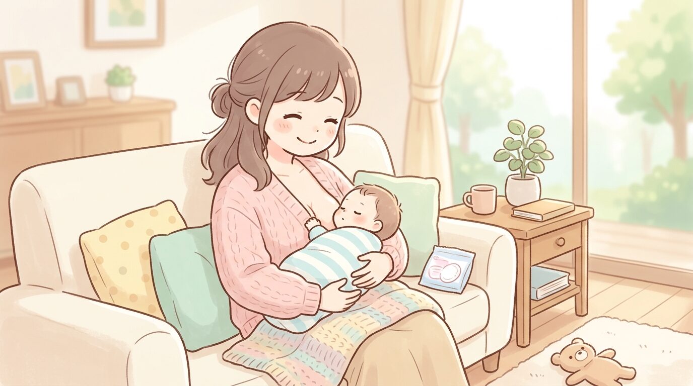 リビングで赤ちゃんに授乳しながら微笑む20代後半の母親、柔らかな朝の光が差し込む部屋