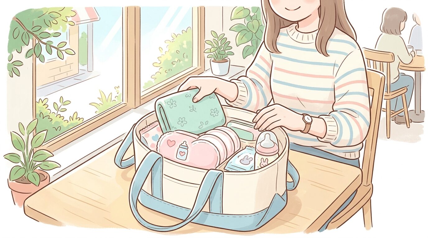 授乳ケープと母乳パッドが入ったマザーズバッグの中身を整理する女性の手元、明るいカフェの窓辺