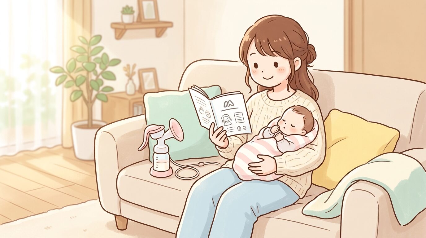 リビングのソファで赤ちゃんを抱きながら搾乳器の説明書を読む20代後半の母親、柔らかい自然光が差し込む温かい雰囲気