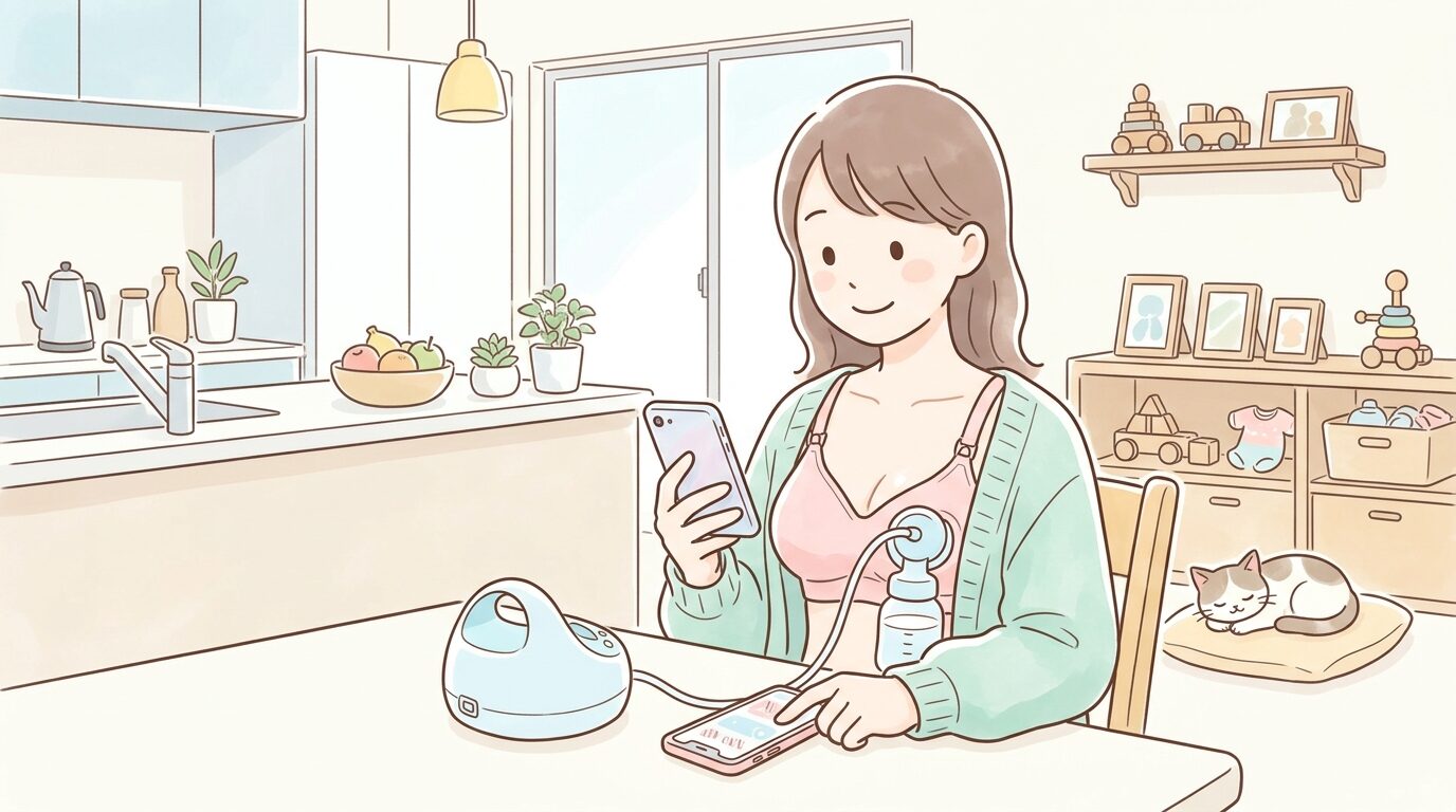 電動搾乳器をブラジャーに装着しながら片手でスマートフォンを操作する母親、明るいキッチンで家事の合間にリラックスした表情