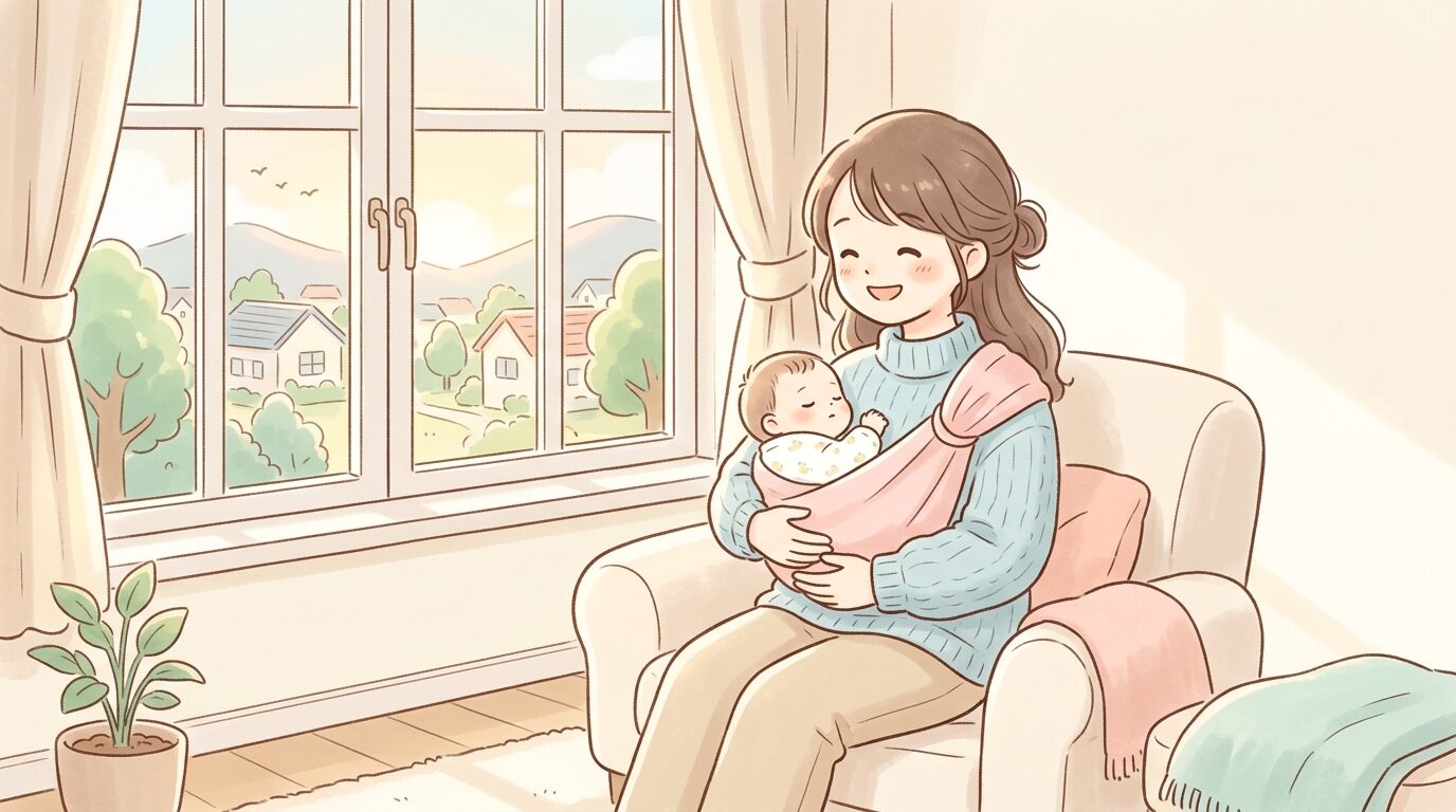 リビングの窓辺で新生児を抱っこしながら外の景色を見せる母親、やわらかい朝の光が差し込む温かい雰囲気