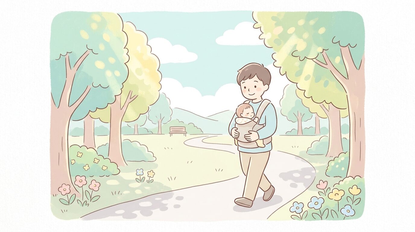 抱っこひもで新生児を抱えて公園を歩く父親、木漏れ日の下でのんびりとした散歩シーン