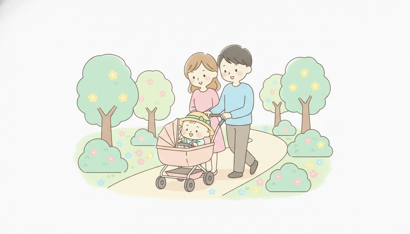 つばの広い帽子をかぶった赤ちゃんをベビーカーに乗せて公園を散歩する家族、初夏の爽やかな屋外風景