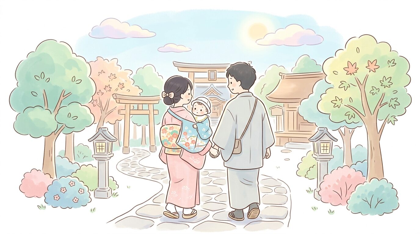 祝着を着た赤ちゃんを抱っこして神社の境内を歩く家族の後ろ姿