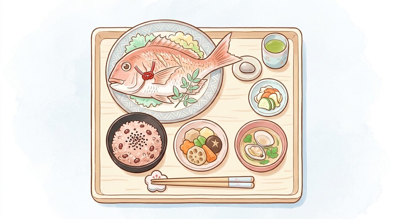 尾頭付きの鯛と赤飯が並ぶお食い初めの祝い膳を上から撮影した写真