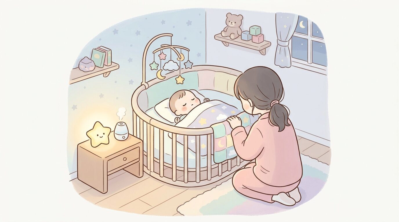 薄暗い寝室でベビーベッドの横に置かれたナイトライトと、眠る赤ちゃんを見守る母親の後ろ姿