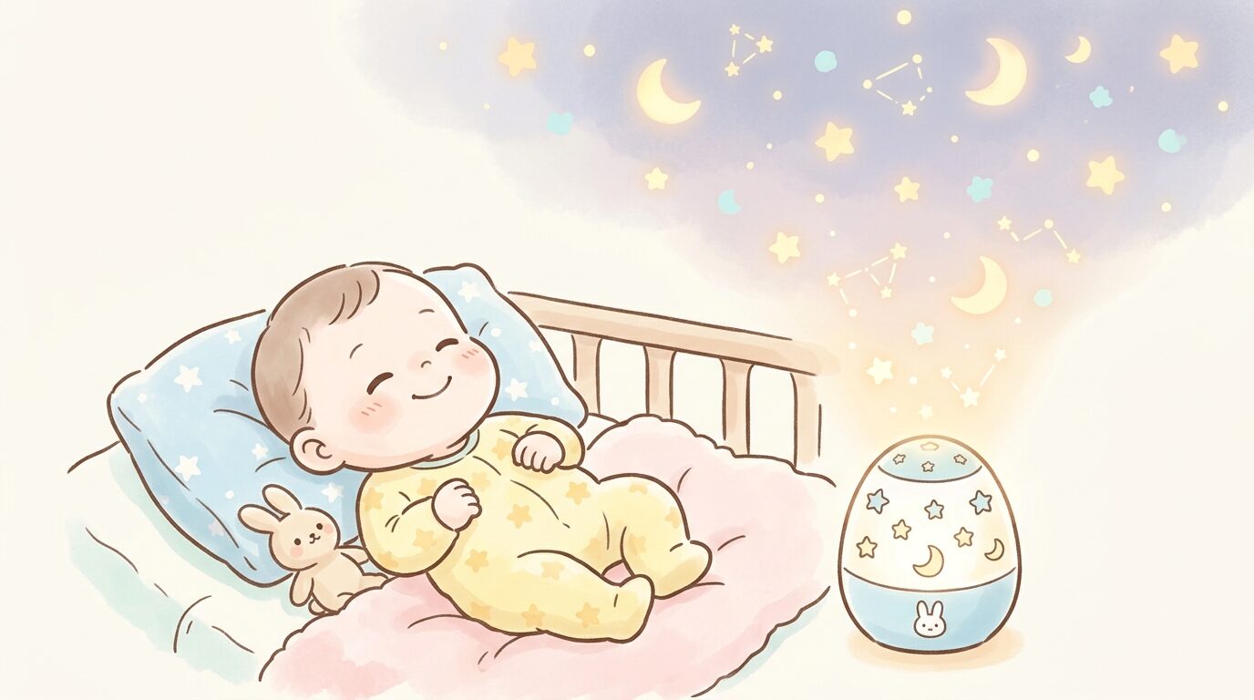 天井に柔らかな星空模様を投影するプロジェクターライトと、それを見上げる赤ちゃんの穏やかな表情