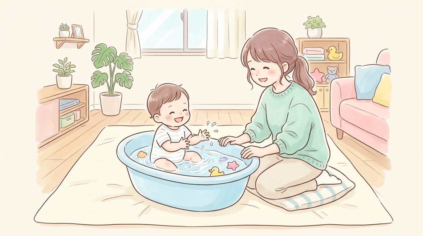 リビングのビニールシートの上でベビーバスに座り、笑顔で水をぱちゃぱちゃと触る生後7か月ほどの赤ちゃんと、そばで見守る母親