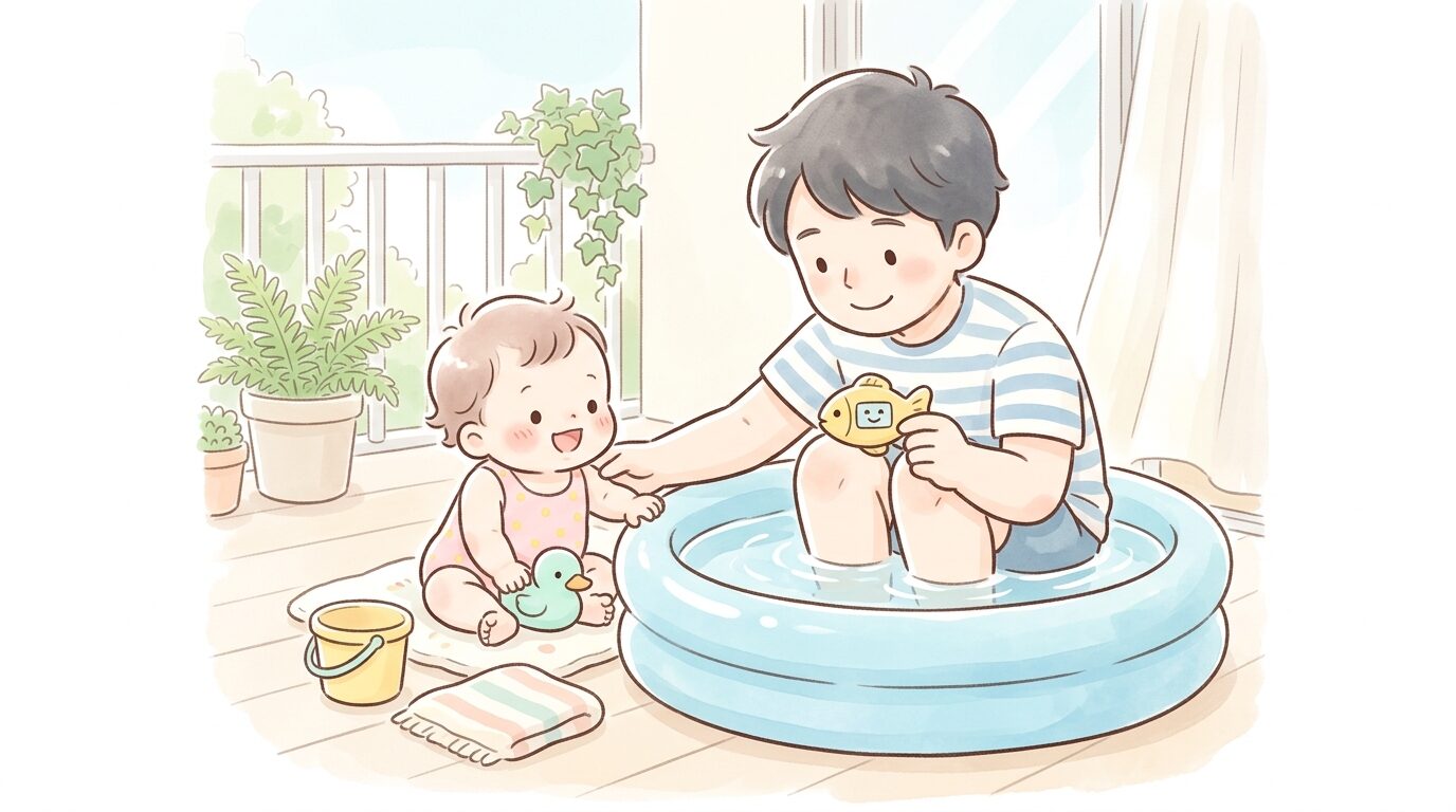温度計を手に持ち、プールの水温を確認する父親と、隣で水遊びの準備を待つ赤ちゃん