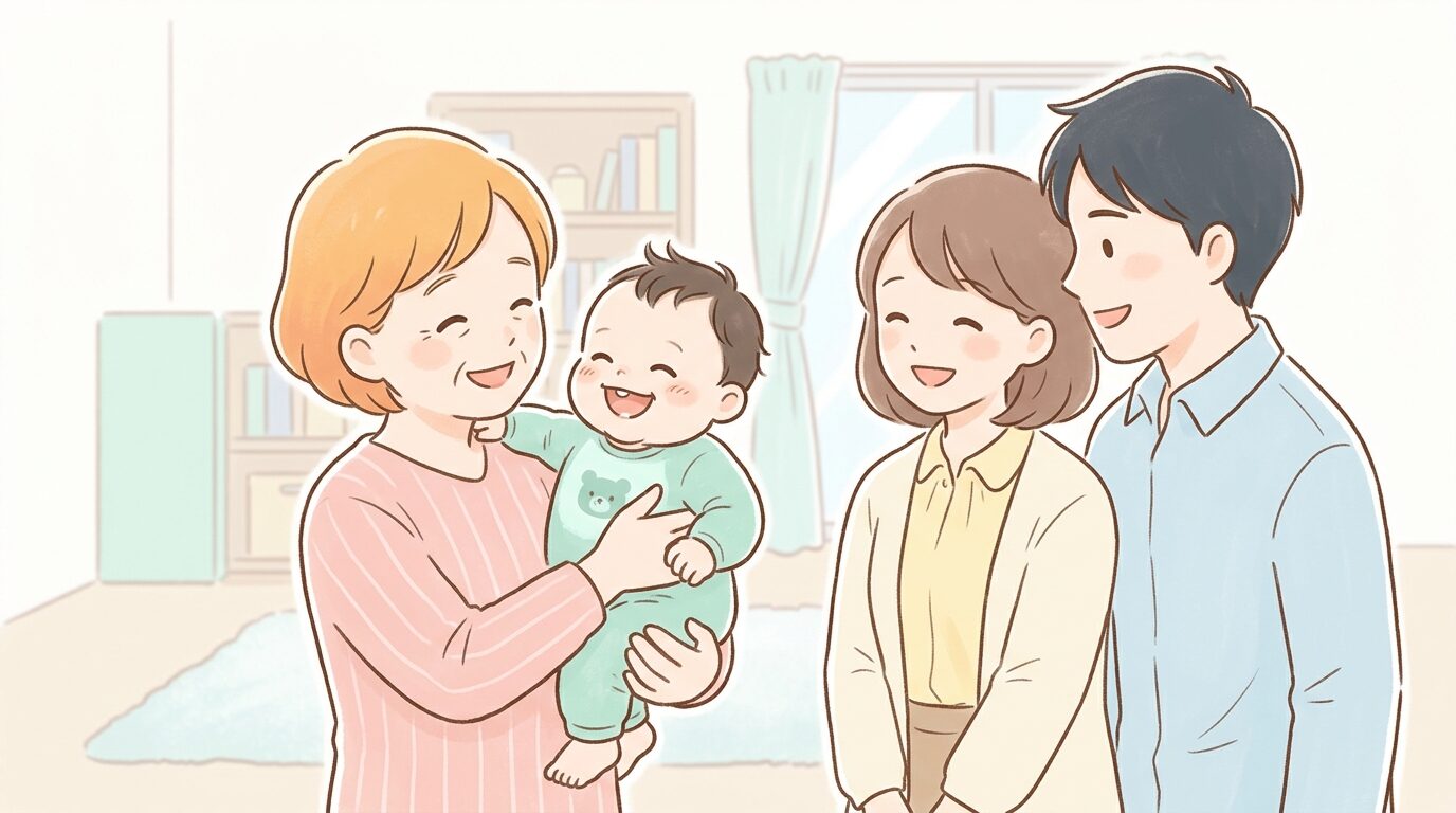 初対面の親戚に抱っこされて笑顔を見せる生後8ヶ月ほどの赤ちゃんと、それを微笑ましく見守る両親