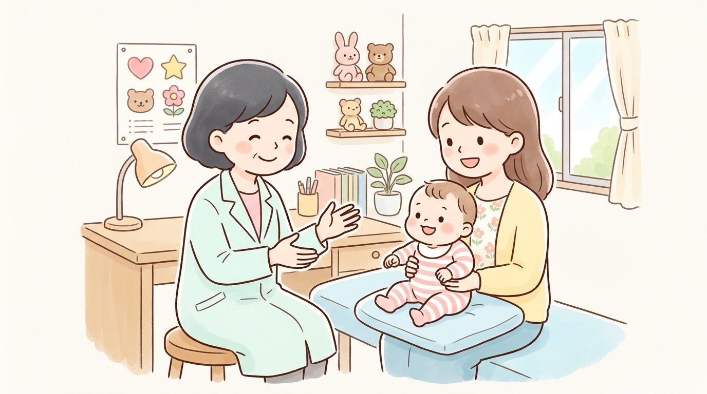 小児科の診察室で医師が赤ちゃんの発達について優しく母親に説明している様子