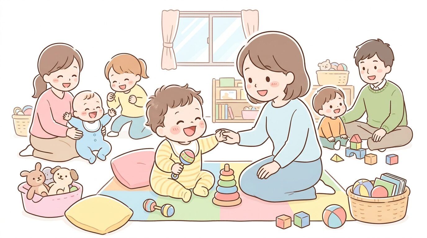 児童館で複数の親子と楽しそうに触れ合う人見知りしない1歳児の様子