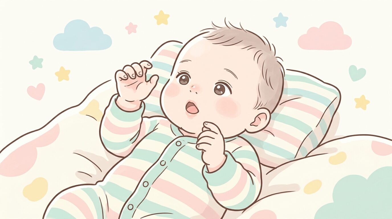 仰向けに寝転び自分の手を不思議そうに見つめる生後3ヶ月ほどの赤ちゃんの正面アップ