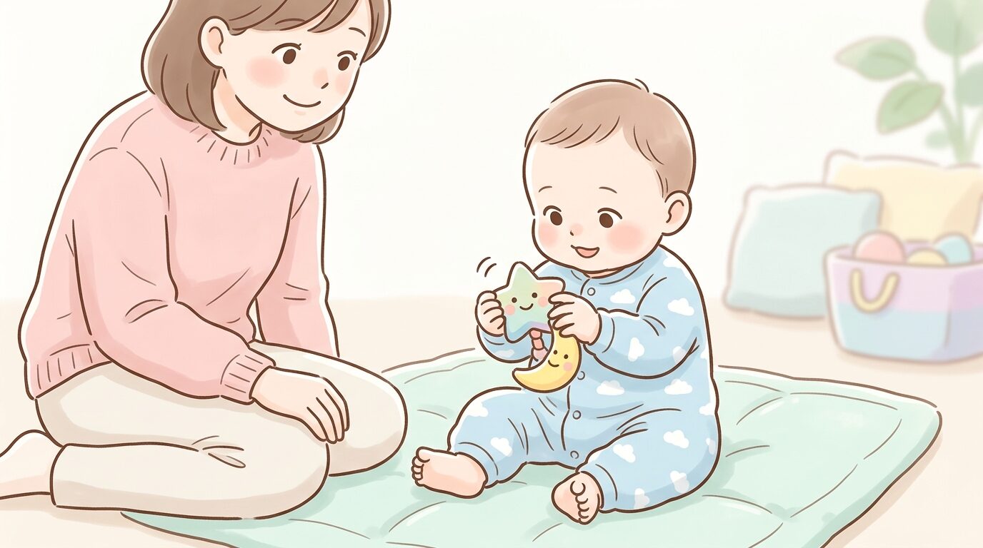 おもちゃを両手で持ちながら興味深そうに眺める生後5ヶ月の赤ちゃんとそれを微笑ましく見守る母親