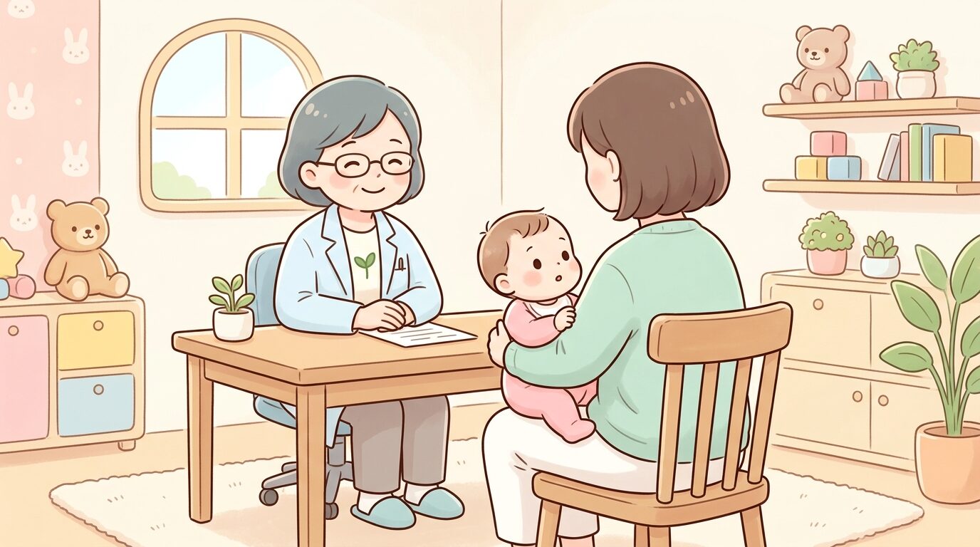 乳幼児健診で医師に赤ちゃんの発達について相談する母親の後ろ姿と診察室の温かい雰囲気