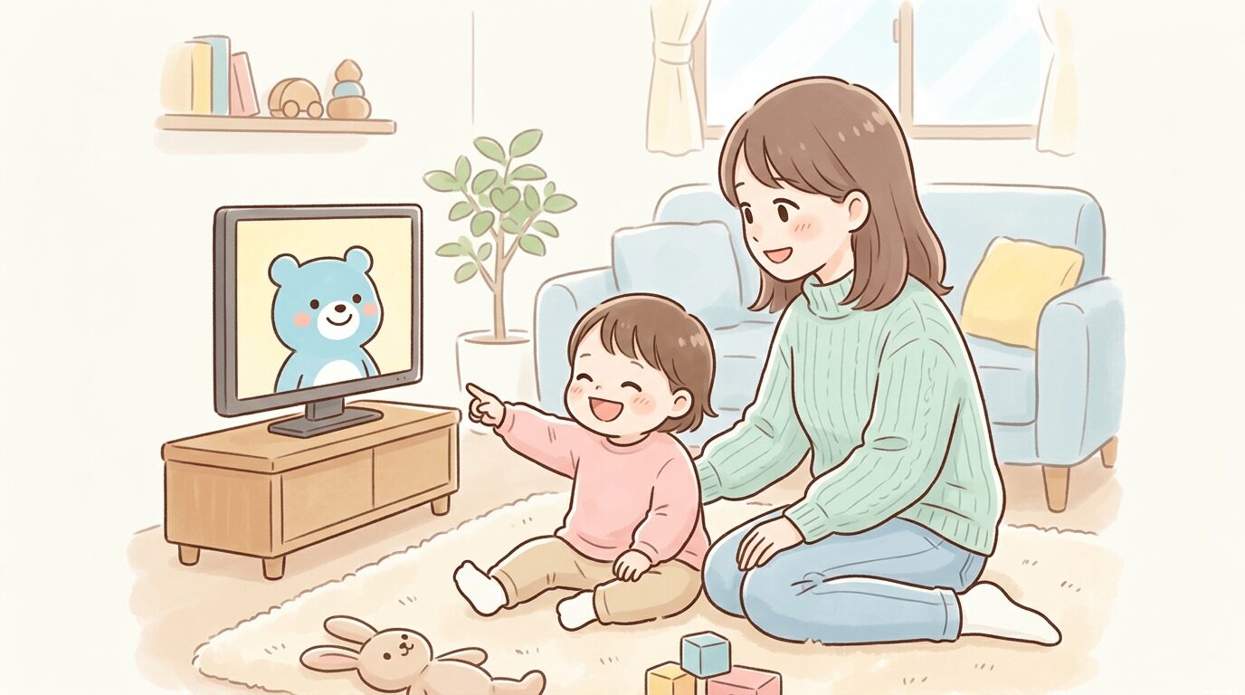 リビングでテレビ画面のキャラクターを指差して笑う1歳児と、隣で見守る母親の温かい様子