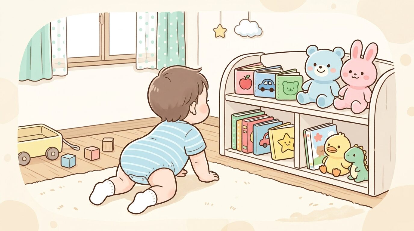 カラフルな知育絵本とぬいぐるみが並ぶ子供部屋で、はいはいする赤ちゃんの後ろ姿