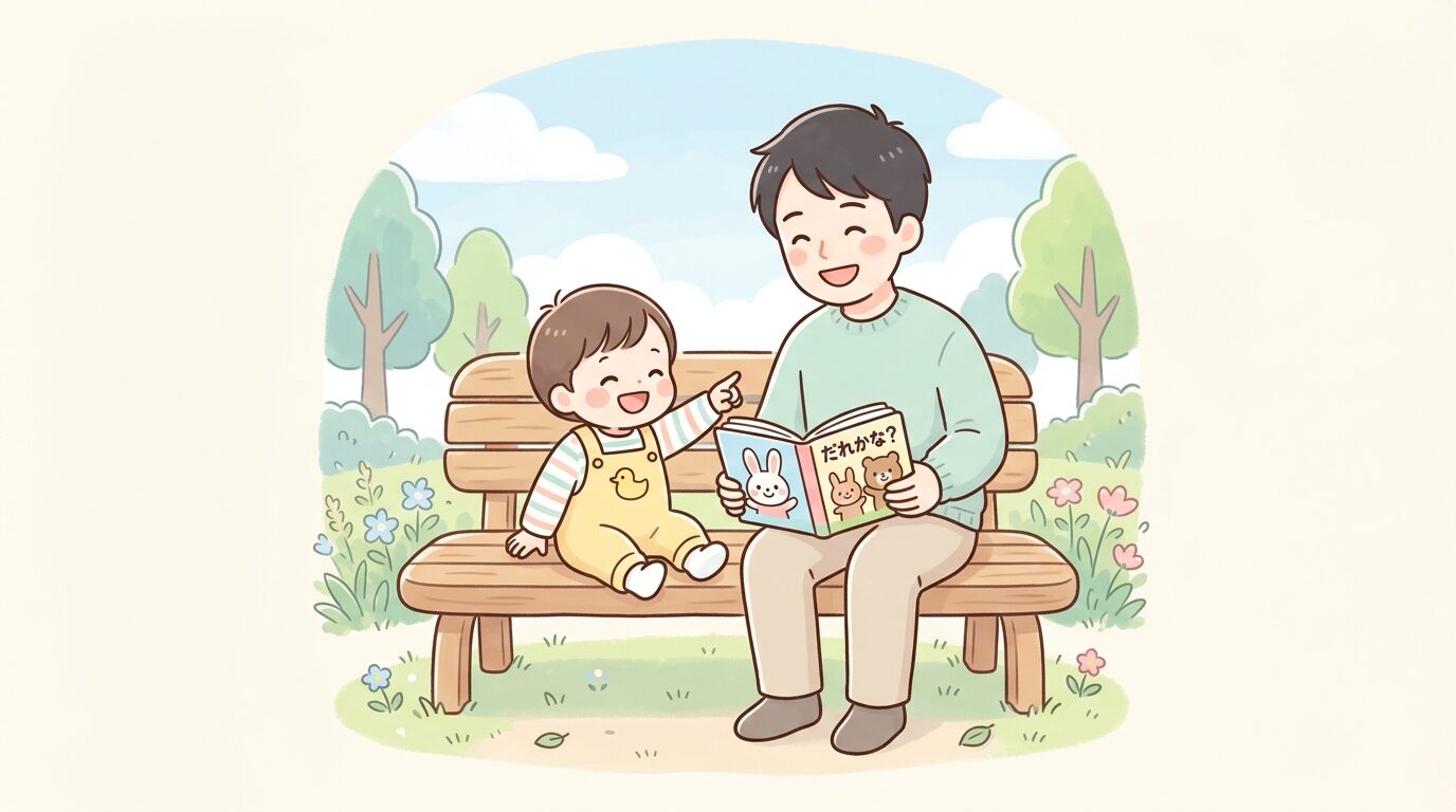 公園のベンチで絵本を一緒に読む父親と1歳くらいの子供、笑顔で指をさしているシーン