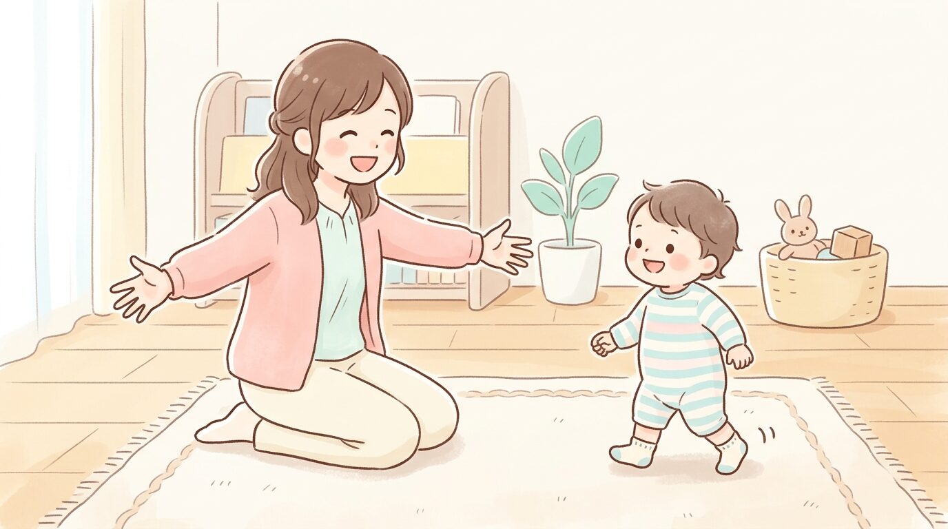 リビングでよちよち歩く1歳児を見守り両手を広げて笑顔で待つ母親