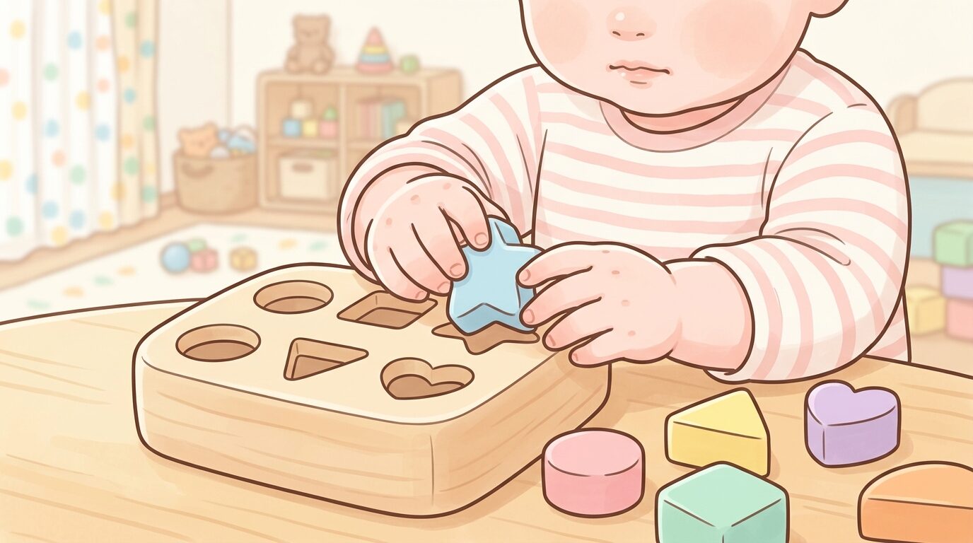 木製の型はめパズルに真剣な表情で取り組む1歳児の手元アップ