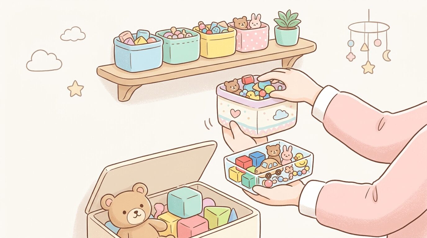 誤飲防止のため小さなおもちゃを高い棚に整理して収納する親の手元