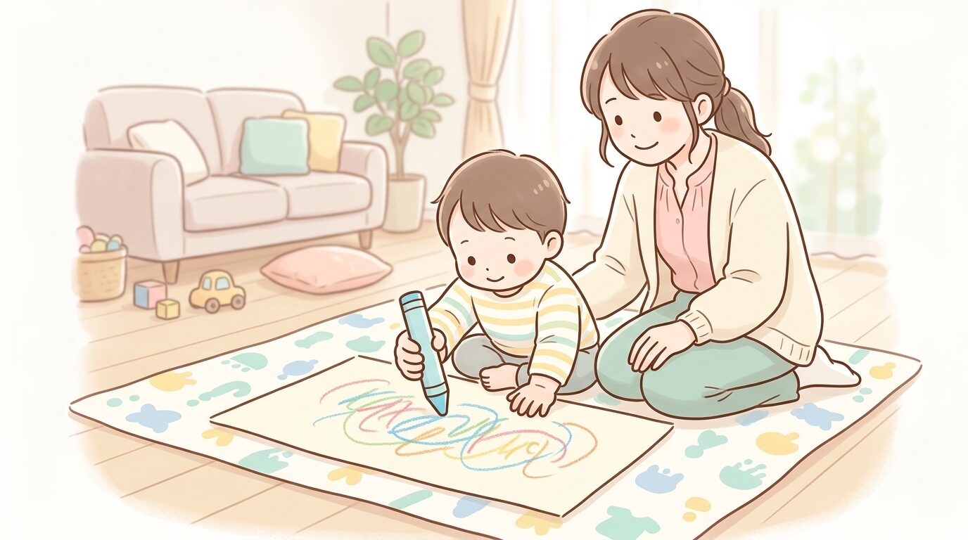 リビングの床に敷いたレジャーシートの上で、クレヨンを握って紙に線を描く1歳児の手元と見守る母親