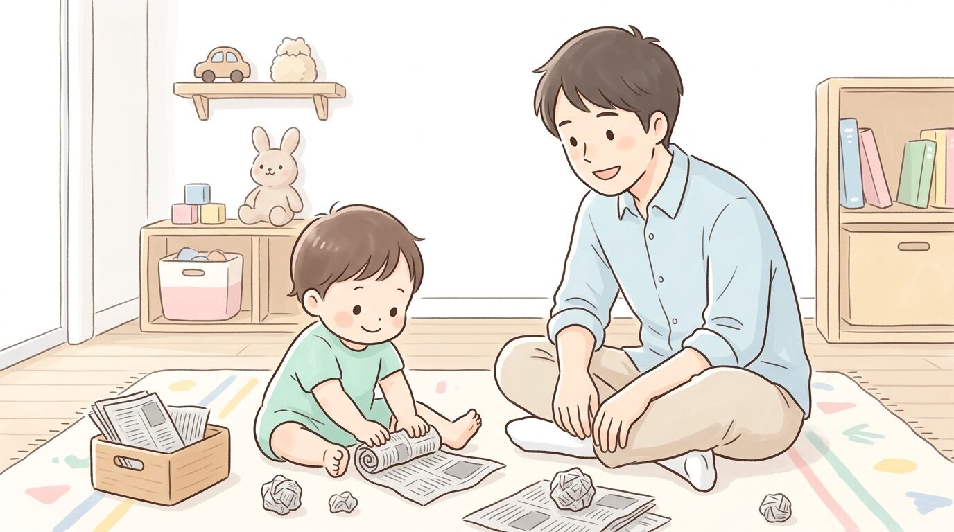 明るいキッズスペースで、新聞紙を丸めてボールを作ろうとしている1歳児と見守る父親の様子