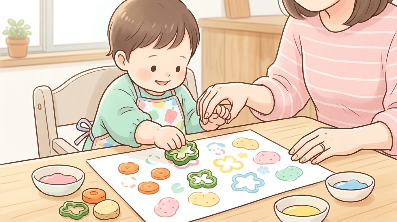 キッチンのテーブルで野菜スタンプを使い、画用紙にペタペタと模様をつけて遊ぶ親子の手元